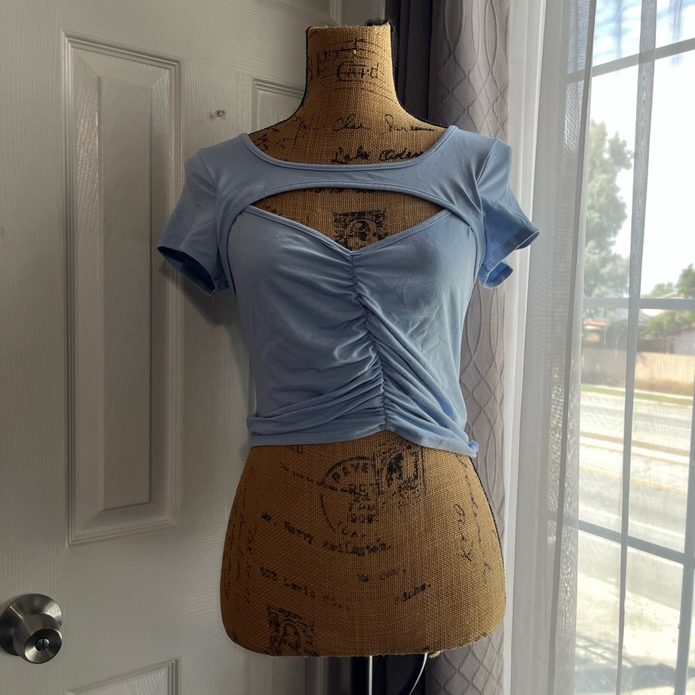Blue Ruched Cutout Top